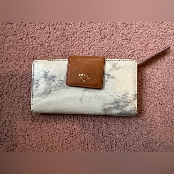 Fossil Marbled Leather Fold Wallet Id Credit Card Holder Tan Grey Ivory - Picture 1 of 4